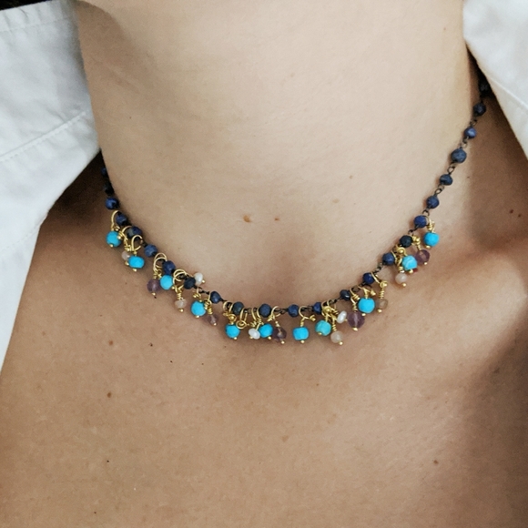 Pink Amethyst Lapis Lazuli Pearl Choker - Picture 3 of 3